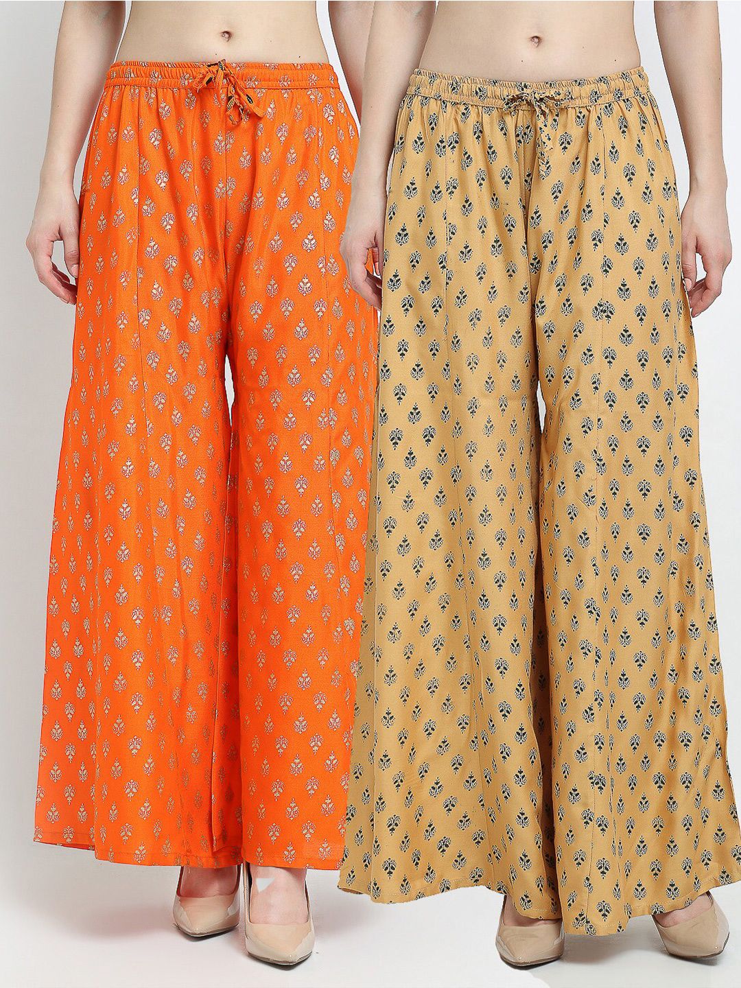 Jinfo Women Orange & Beige Pack Of 2 Abstract Printed Flared Fit Palazzos Price in India