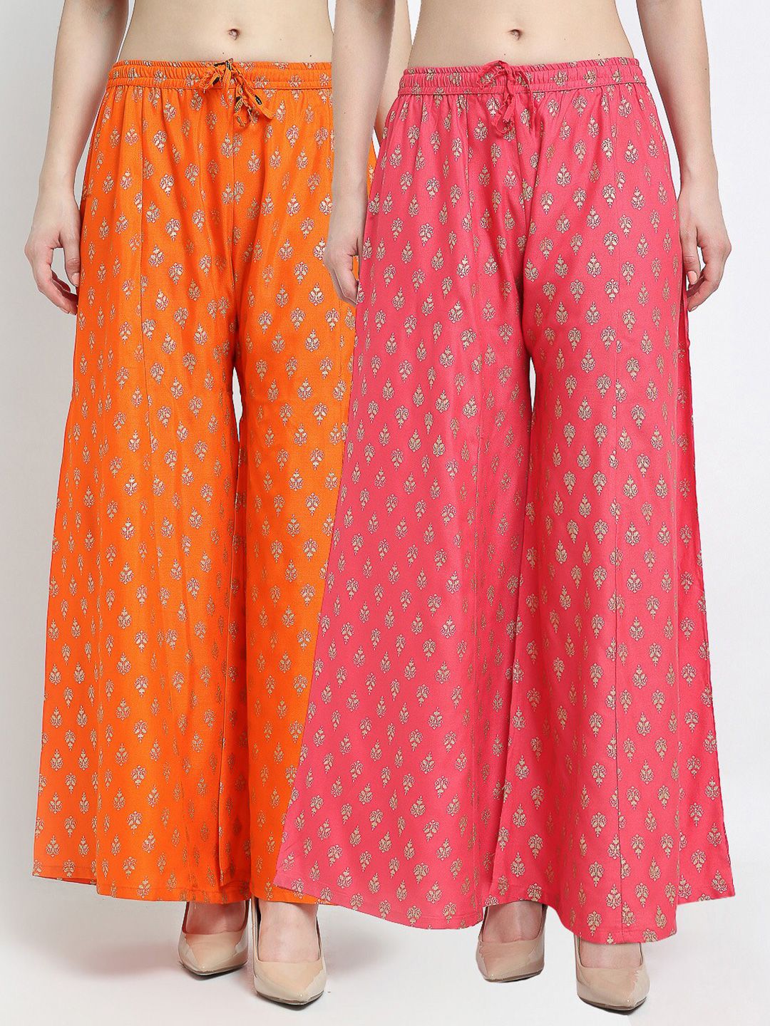 Jinfo Women Orange & Pink Set of 2 Ethnic Motifs Printed Flared Knitted Ethnic Palazzos Price in India