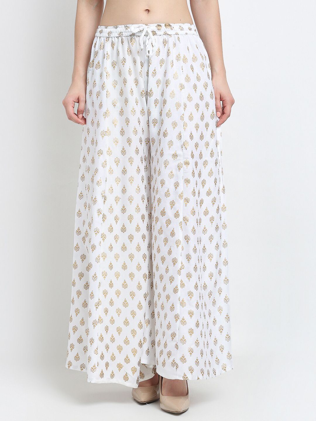 Jinfo Women White & Gold-Toned Ethnic Motifs Printed Flared Knitted Ethnic Palazzos Price in India