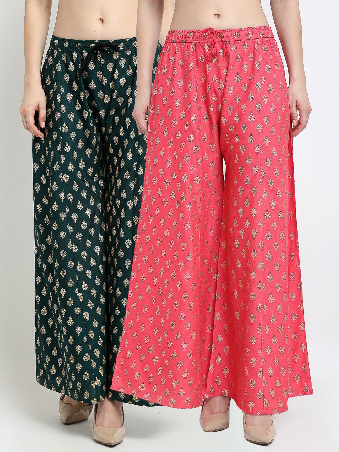 Jinfo Women Green Pack of 2 Ethnic Motifs Printed Flared Palazzos Price in India