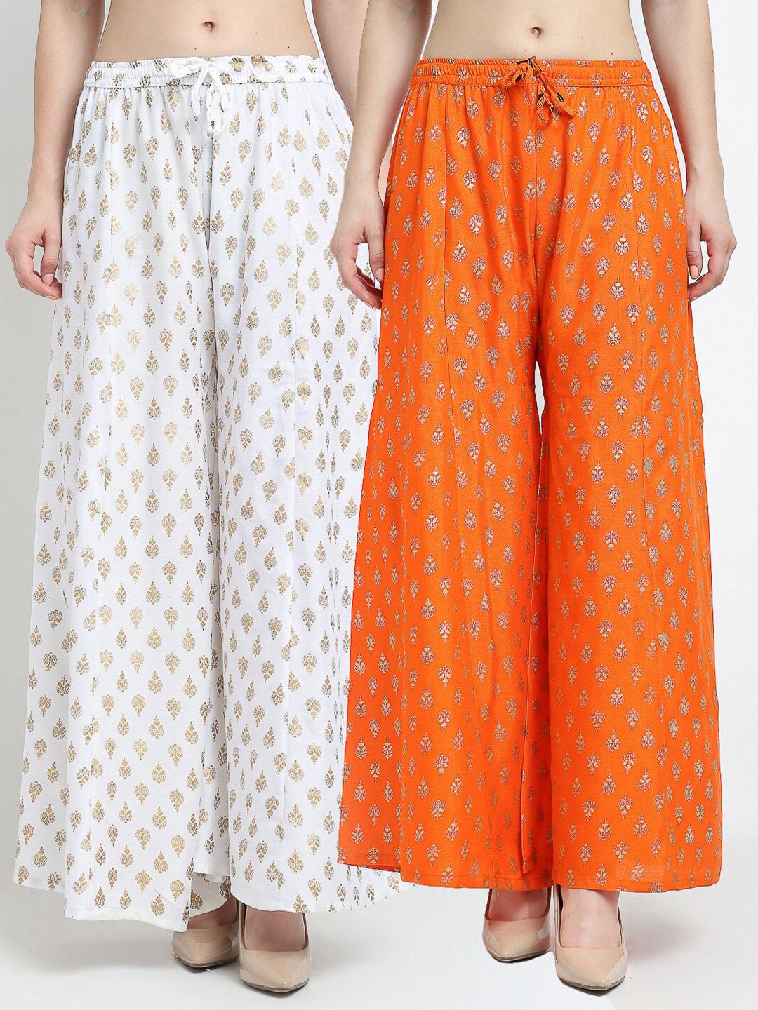 Jinfo Women White & Orange Set Of 2 Ethnic Motifs Printed Flared Knitted Ethnic Palazzos Price in India