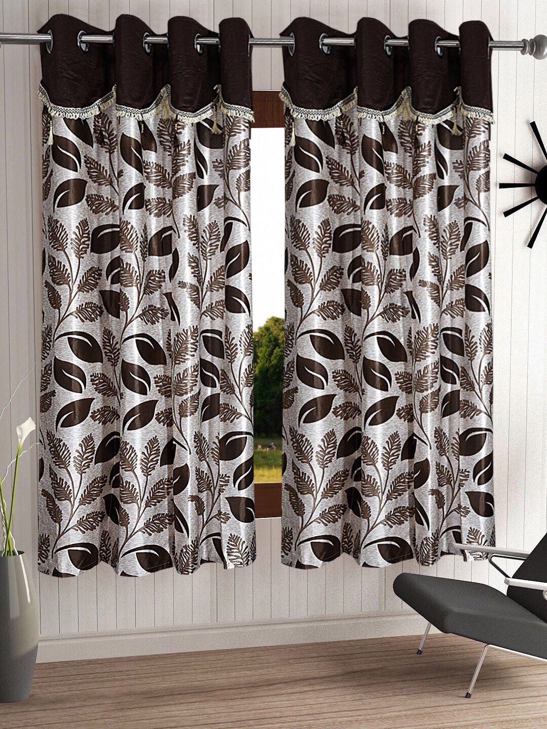 Cortina Brown & White Set of 2 Fancy Valance Leaf Printed Window Curtains