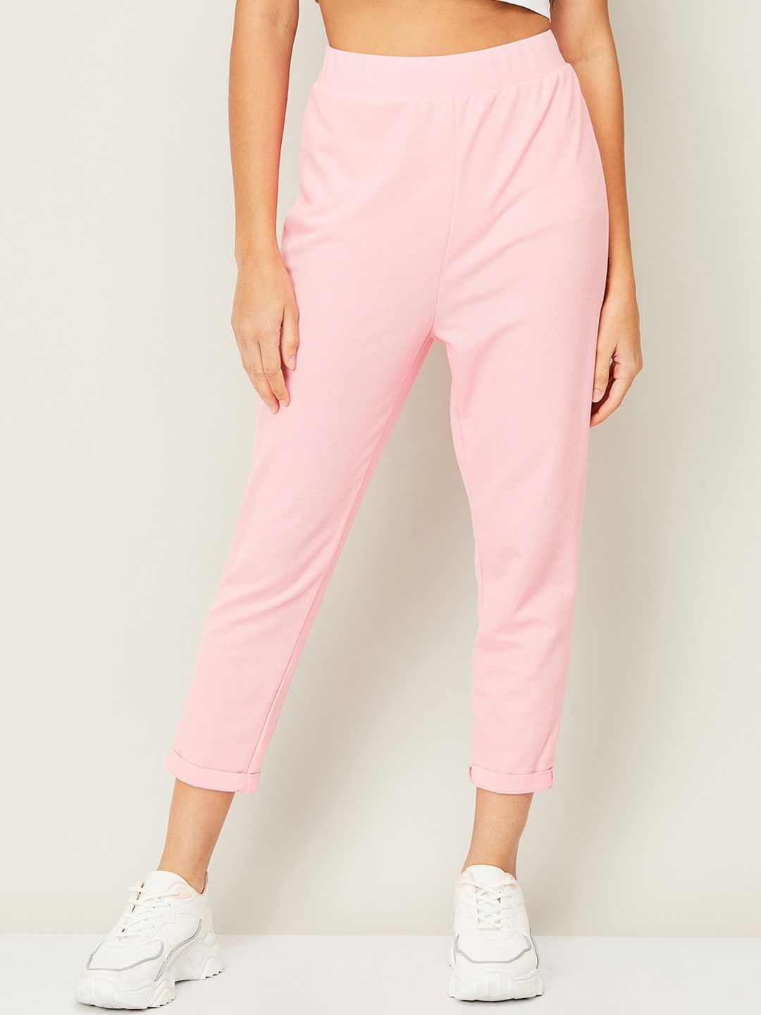 Ginger by Lifestyle Women Pink High-Rise Cotton Pleated Trousers Price in India