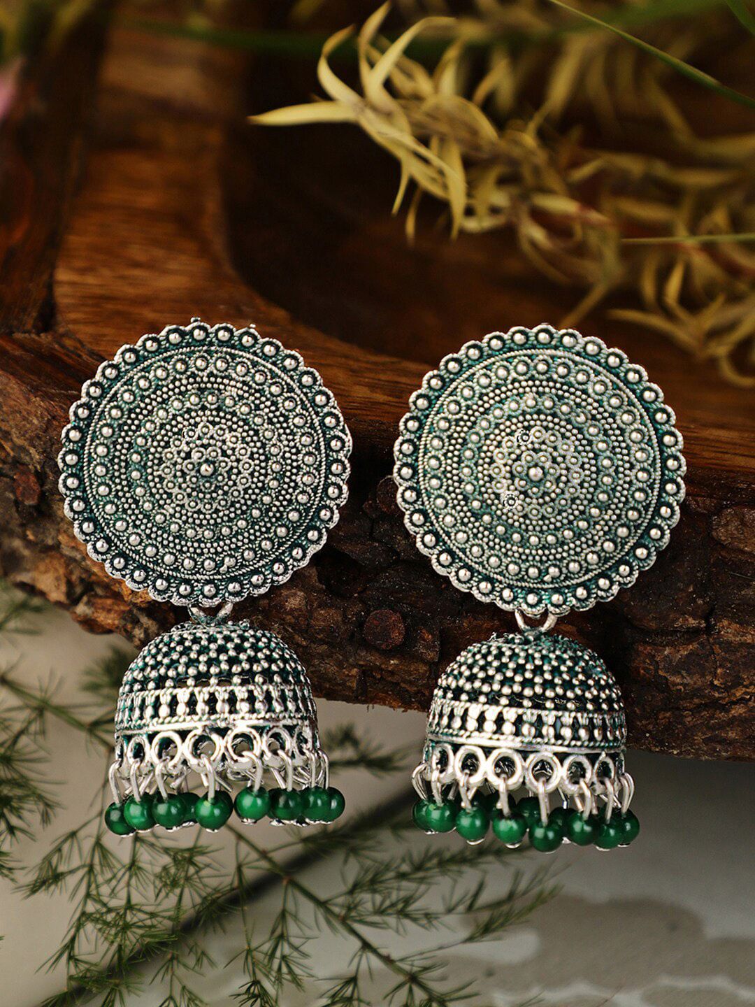 Shining Diva Green & Silver-Toned Contemporary Oxidized Jhumkas Earrings Price in India