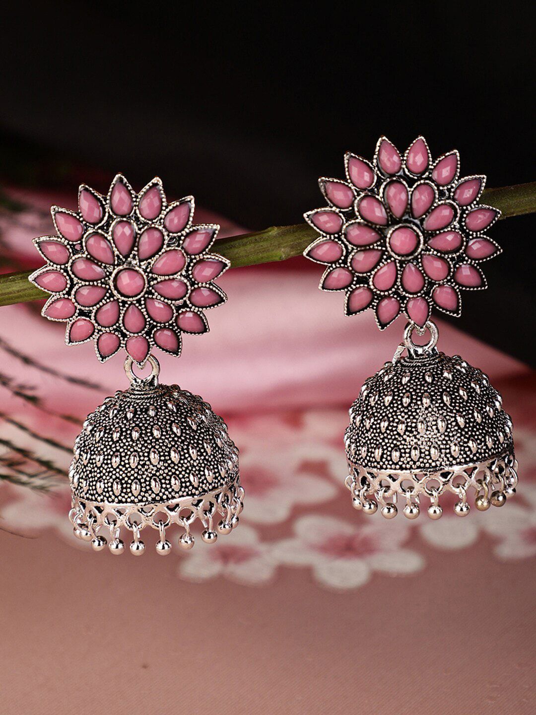 Shining Diva Pink-Toned & Silver-Plated AD-Studded Contemporary Jhumkas Earrings Price in India