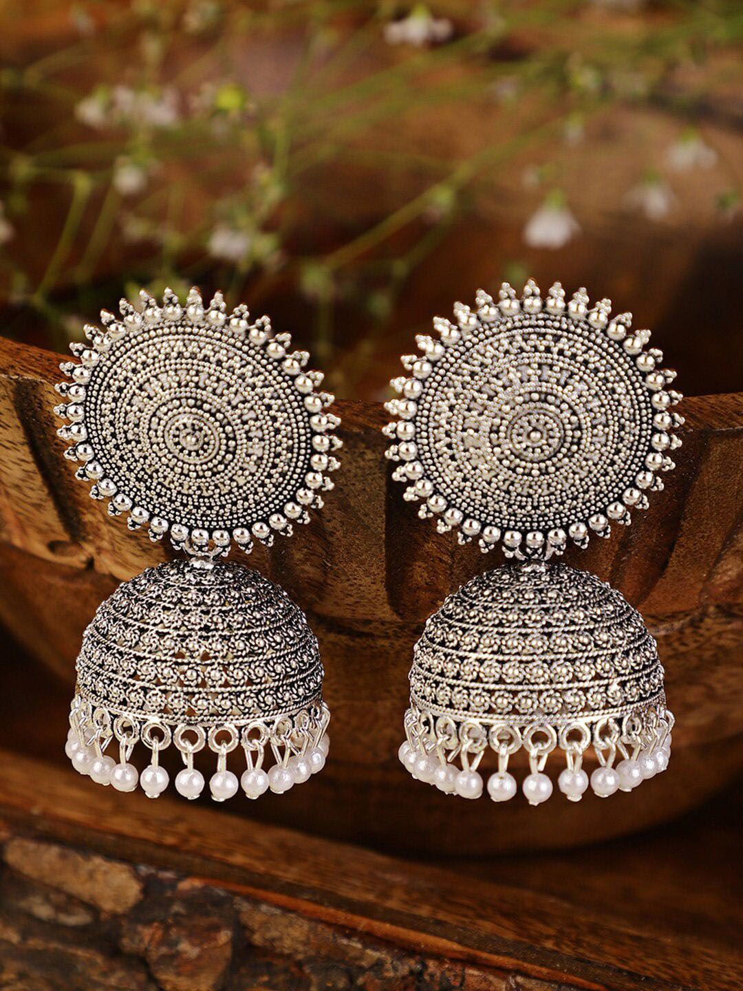 Shining Diva Silver-Plated Oxidised Contemporary Jhumkas Earrings Price in India