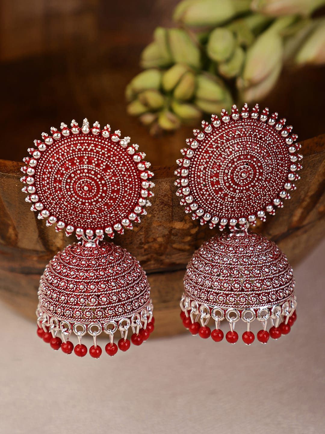 Shining Diva Red & Silver-Toned Dome Shaped Jhumkas Earrings Price in India