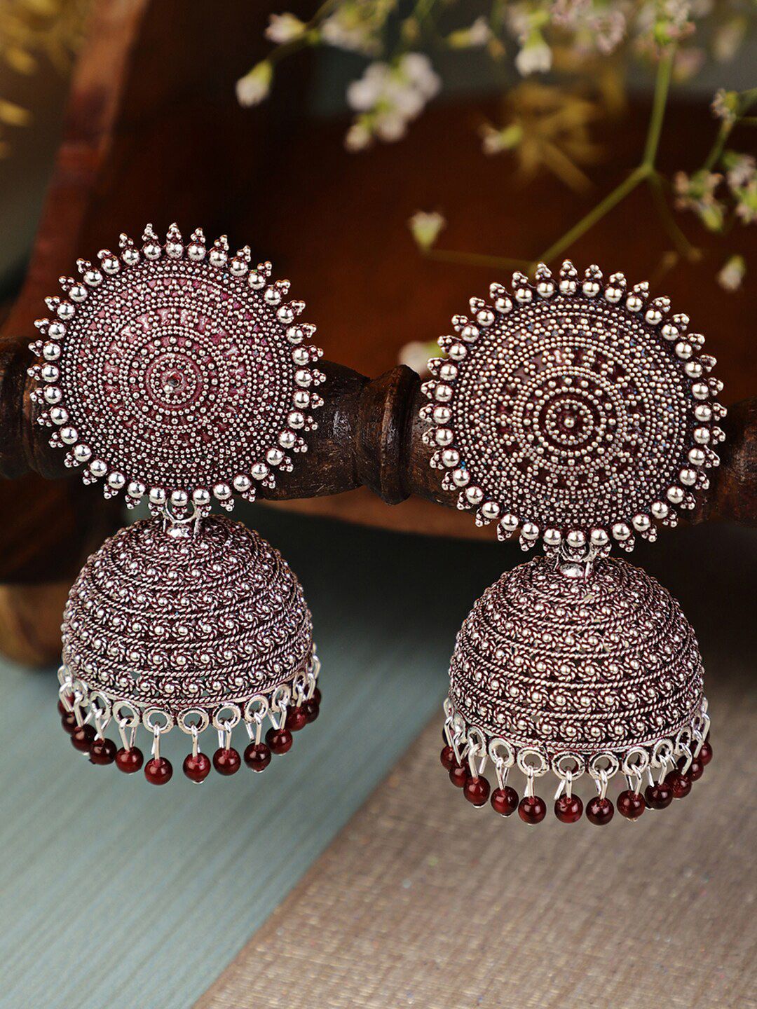 Shining Diva Maroon Contemporary Silver-Plated Jhumkas Earrings Price in India