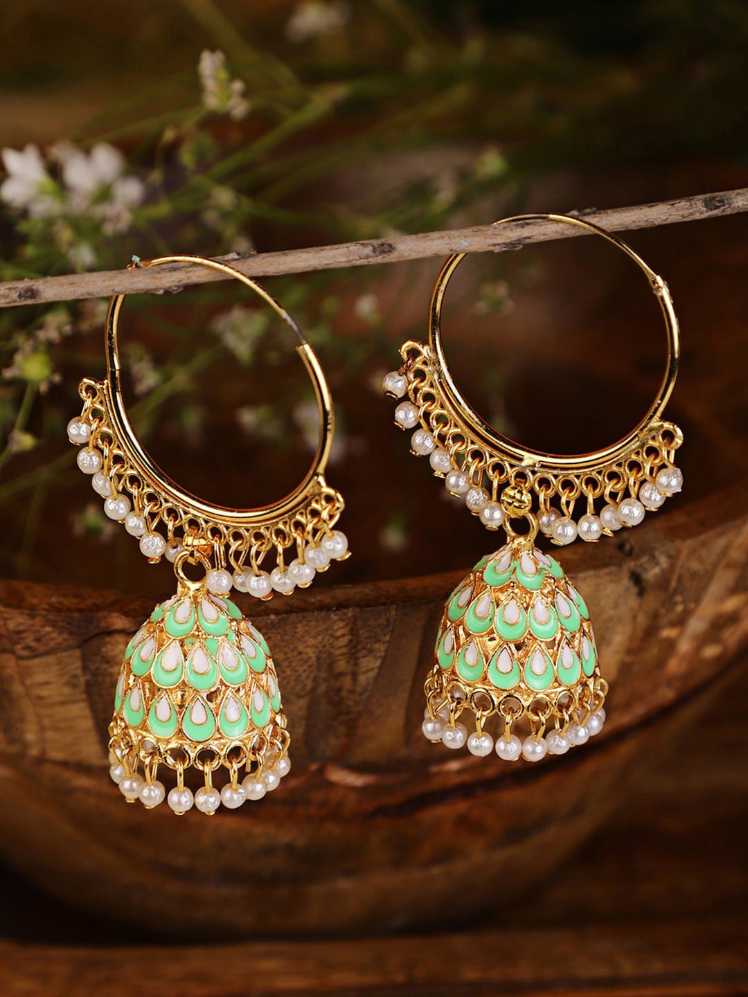 Shining Diva Women Green & Gold-Toned White Pearls Contemporary Jhumkas Earrings Price in India