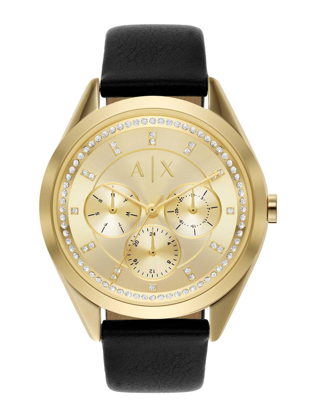 Armani Exchange Women Gold-Toned Dial & Black Leather Straps Analogue Watch AX5656 Price in India