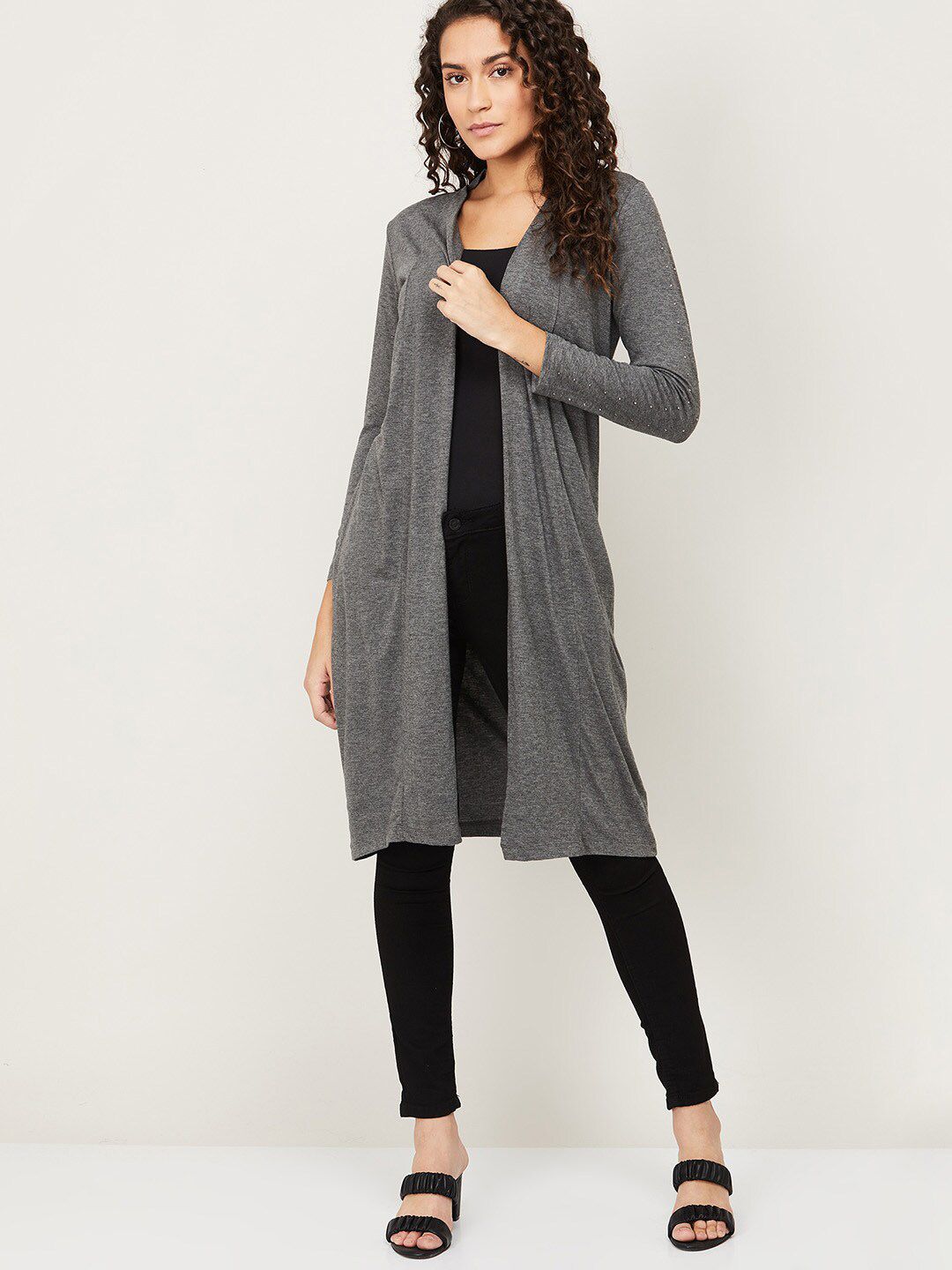 CODE by Lifestyle Women Grey Melange Longline Shrug Price in India