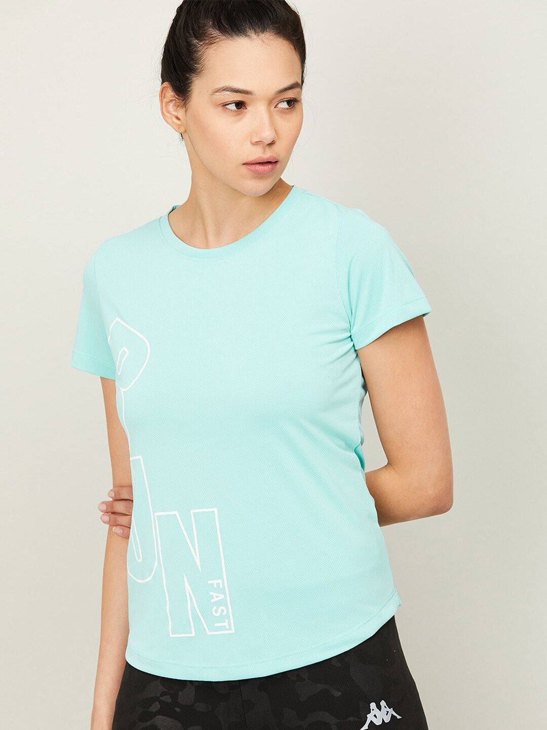 Kappa Women Blue Typography Printed Training or Gym T-shirt Price in India