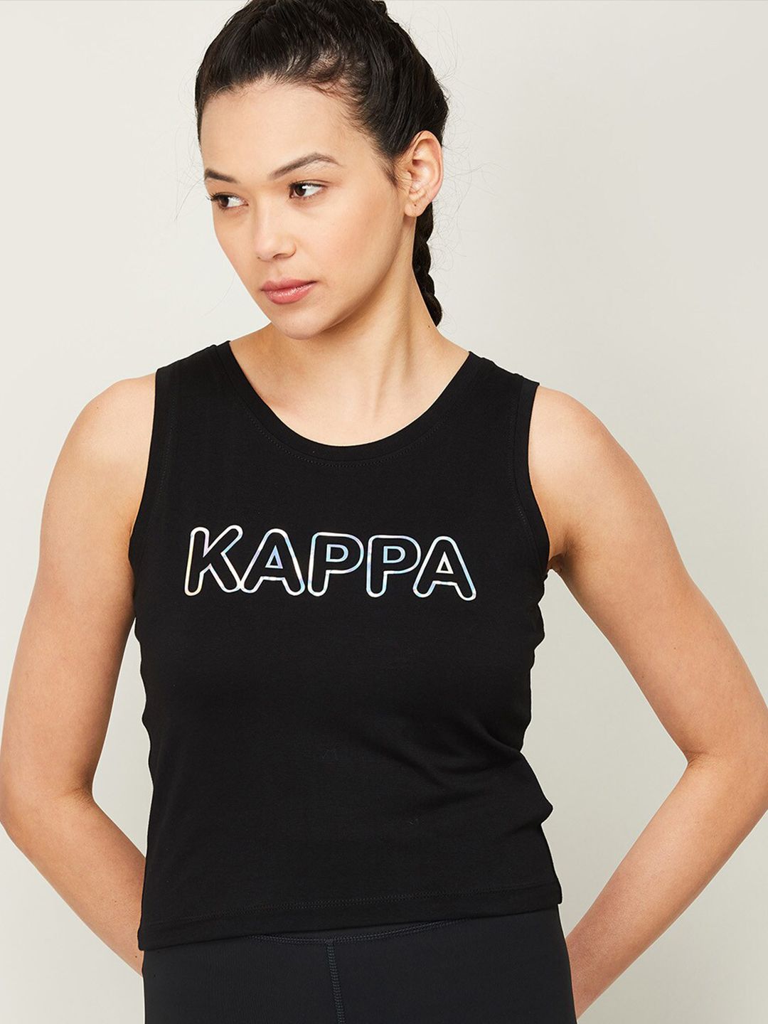 Kappa Women Black Brand Logo Printed Training or Gym T-shirt Price in India