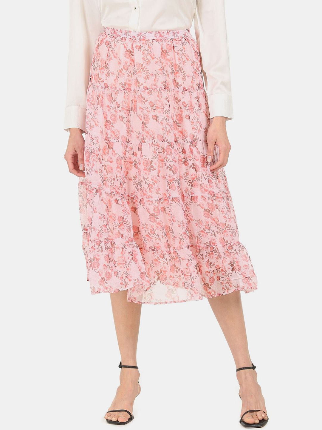 Cherokee Woman Pink Floral Printed Tiered Midi Skirts