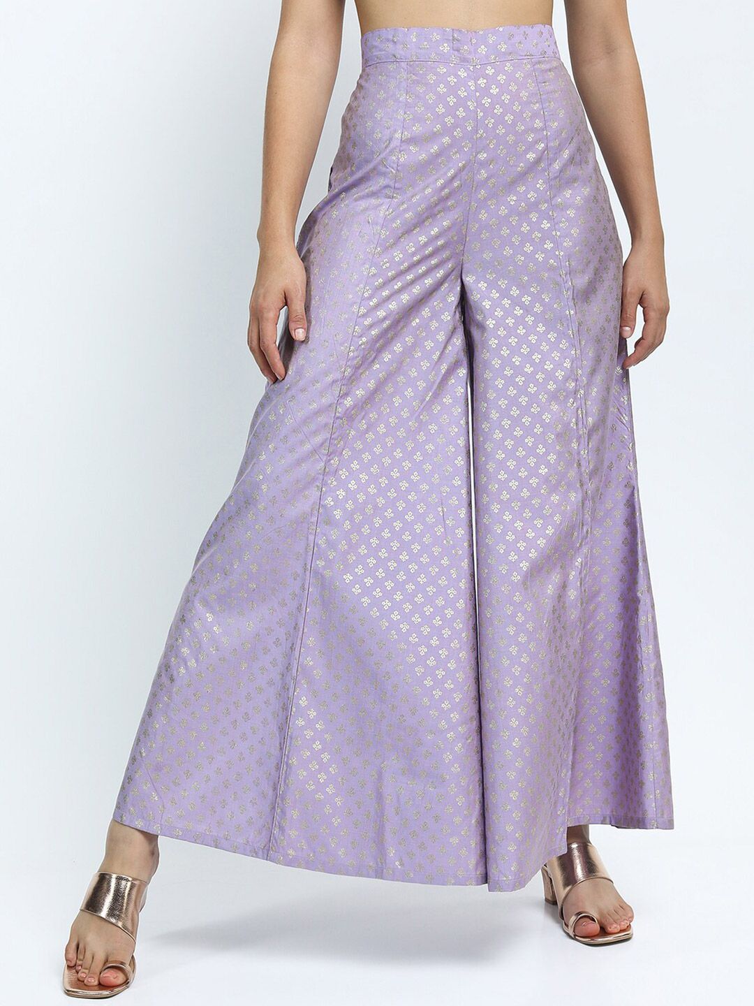 Vishudh Women Mauve & Silver-Toned Ethnic Motifs Printed Flared Palazzos Price in India