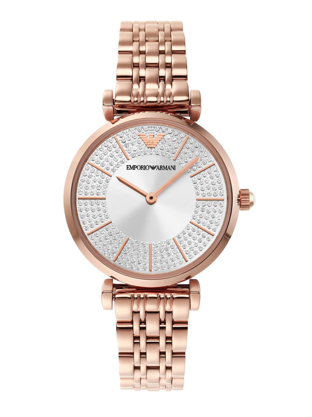 Emporio Armani Emporio Armani Women Silver-Toned Embellished Dial & Rose Gold-Plated Stainless Steel Bracelet Style Straps Watch