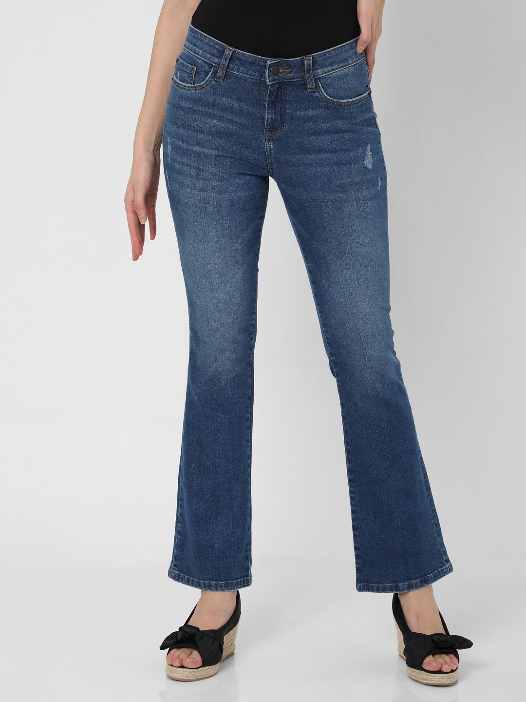 Vero Moda Women Blue Bootcut Low Distress Mid-Rise Light Fade Stretchable Jeans Price in India
