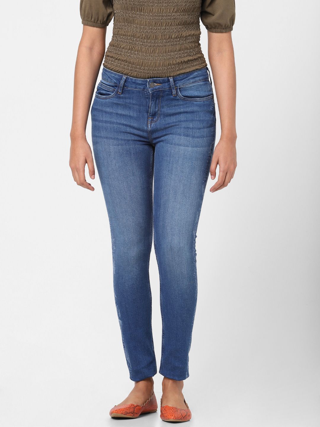 Vero Moda Women Blue Skinny Fit Light Fade Mid-Rise Printed Stretchable Jeans Price in India