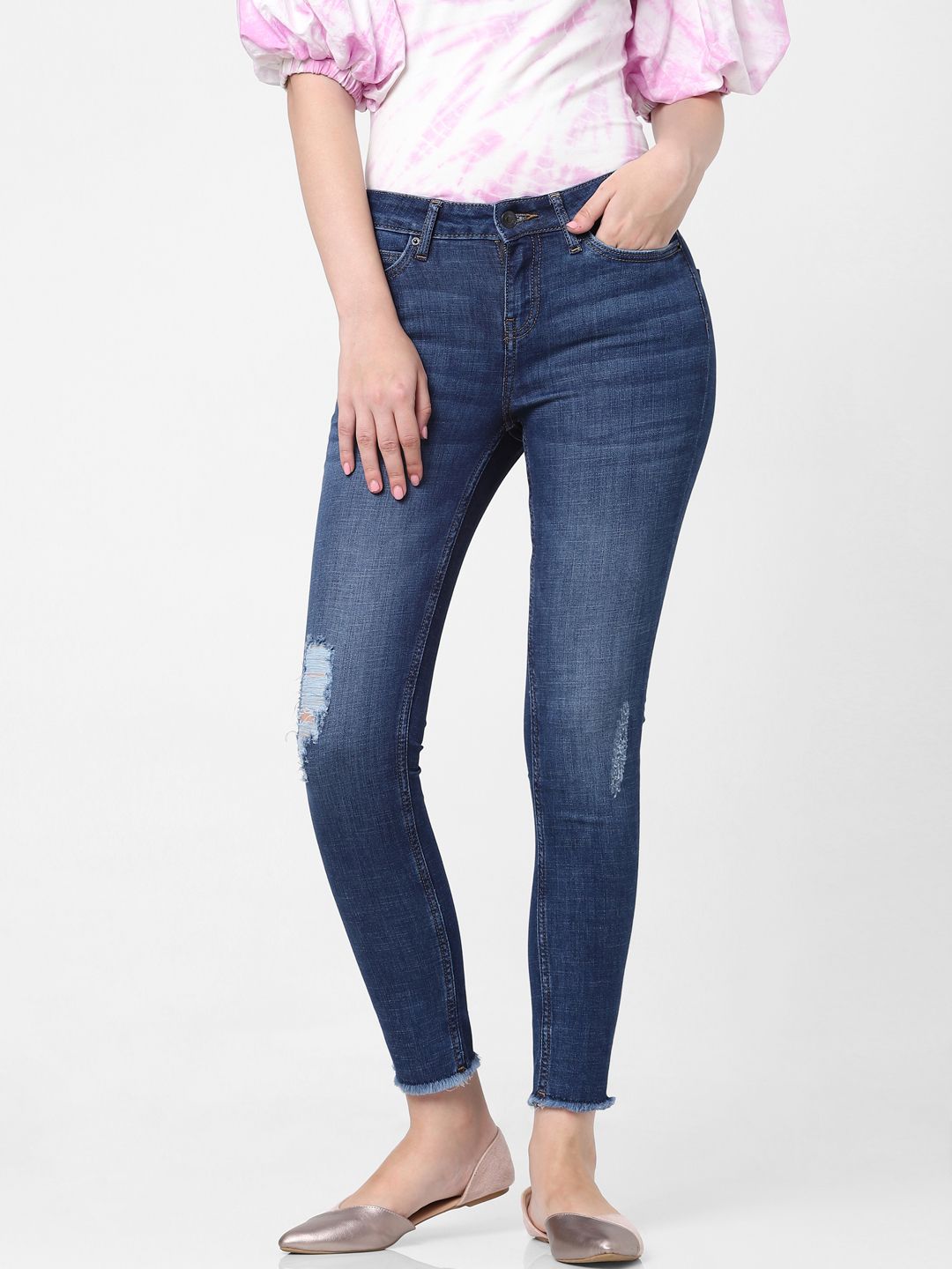 Vero Moda Women Blue Skinny Fit Mildly Distressed Light Fade Mid-Rise Stretchable Jeans Price in India