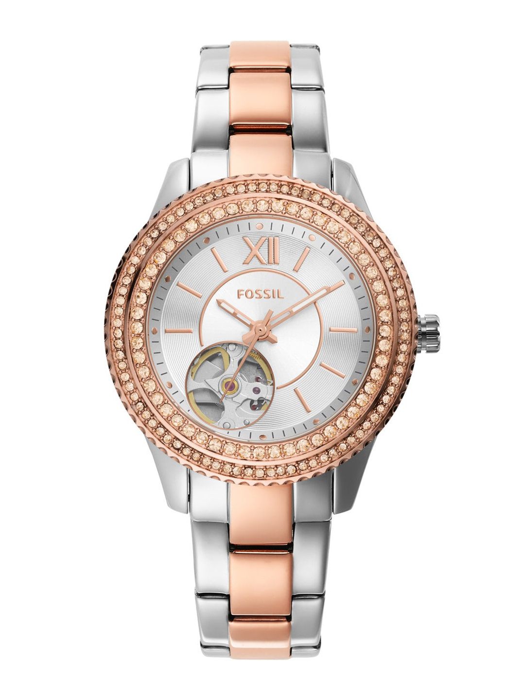 Fossil Women Silver-Toned Embellished Dial & Multicoloured Stainless Steel Straps Analogue Automatic Motion Watch Price in India