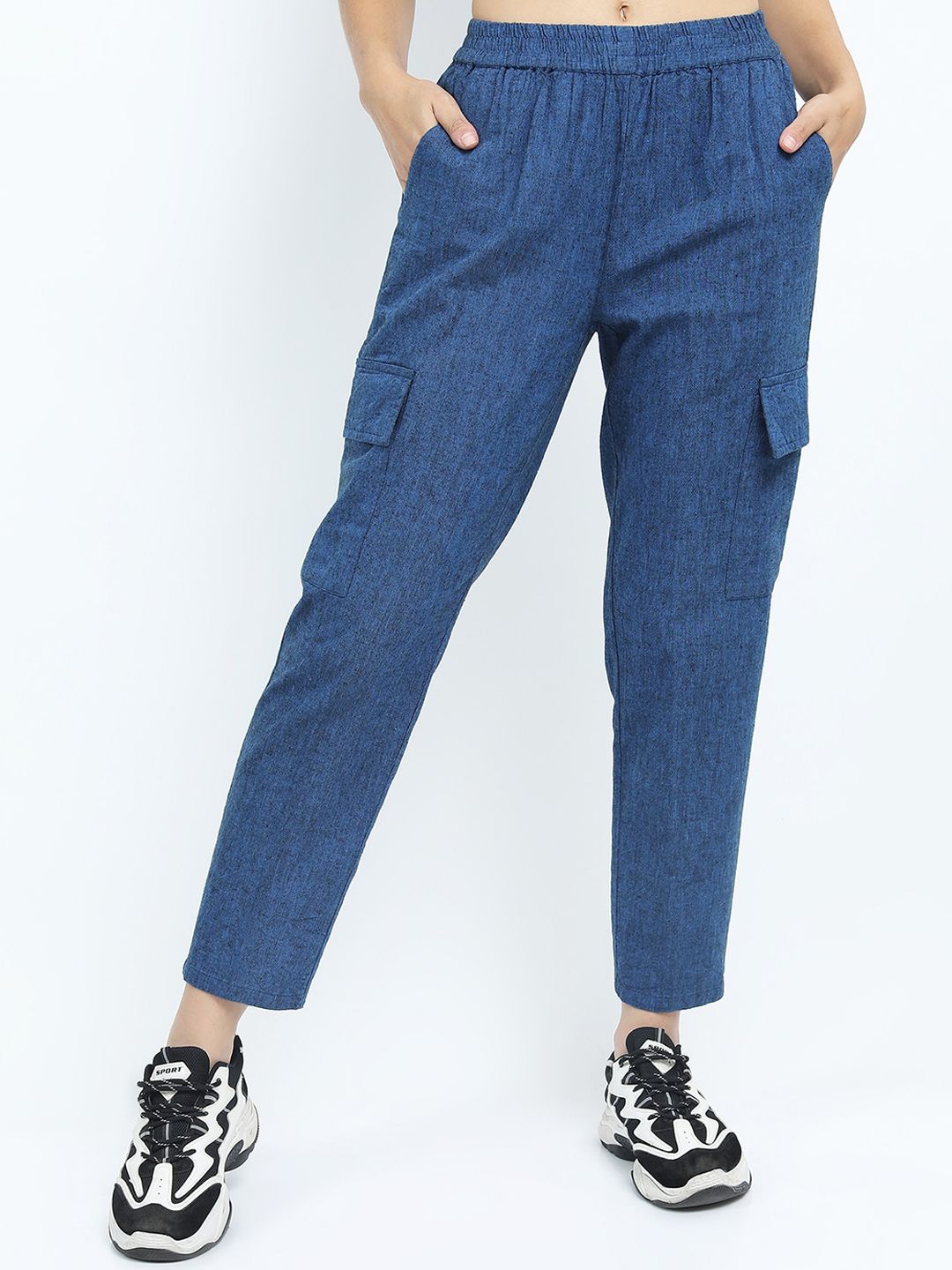 Tokyo Talkies Women Blue Printed Tapered Fit Cargos Trousers Price in India