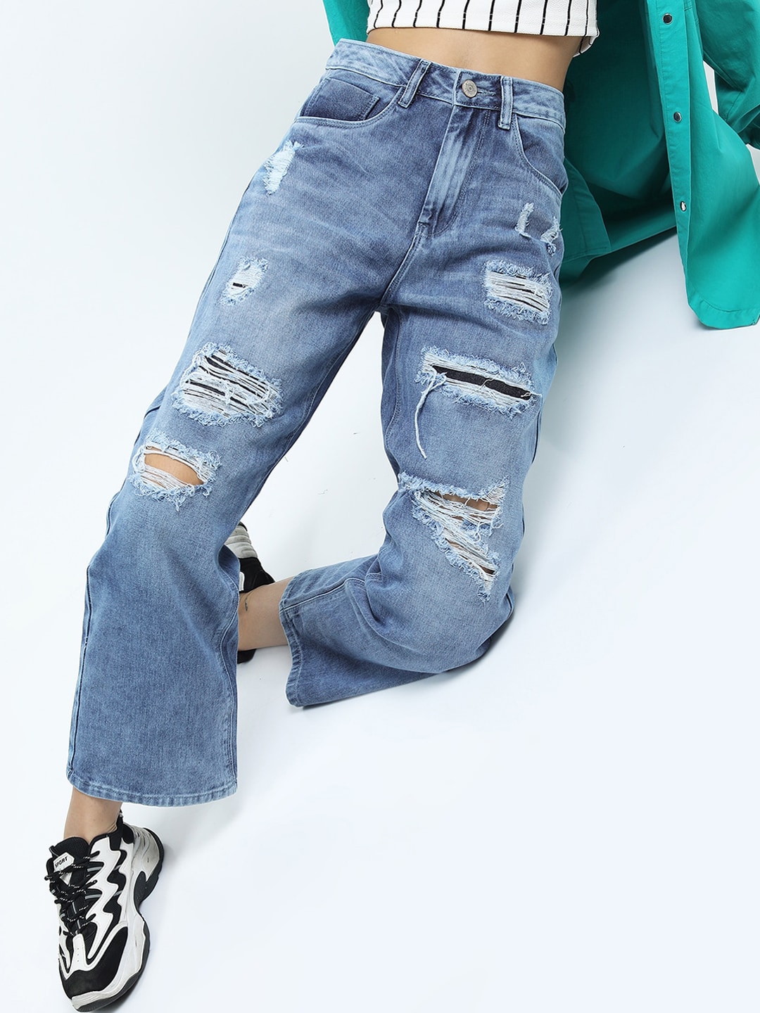 Tokyo Talkies Women Blue Wide Leg Highly Distressed Heavy Fade Jeans Price in India