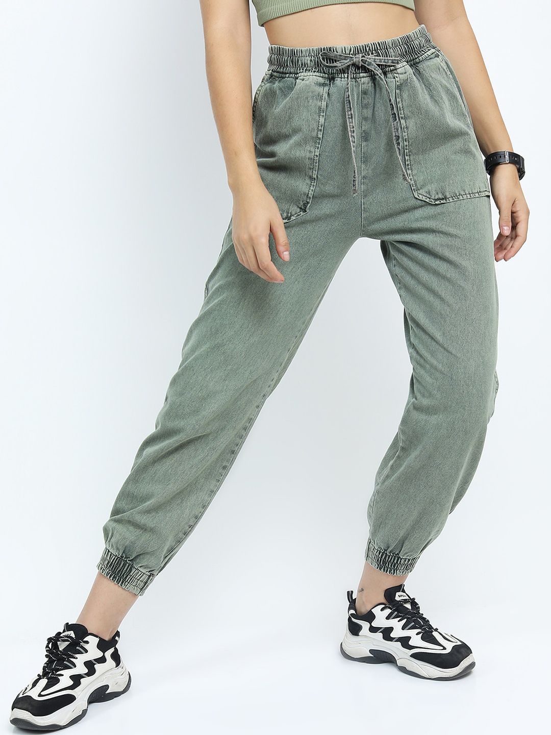 Tokyo Talkies Women Green Jogger Heavy Fade Cropped Jeans Price in India