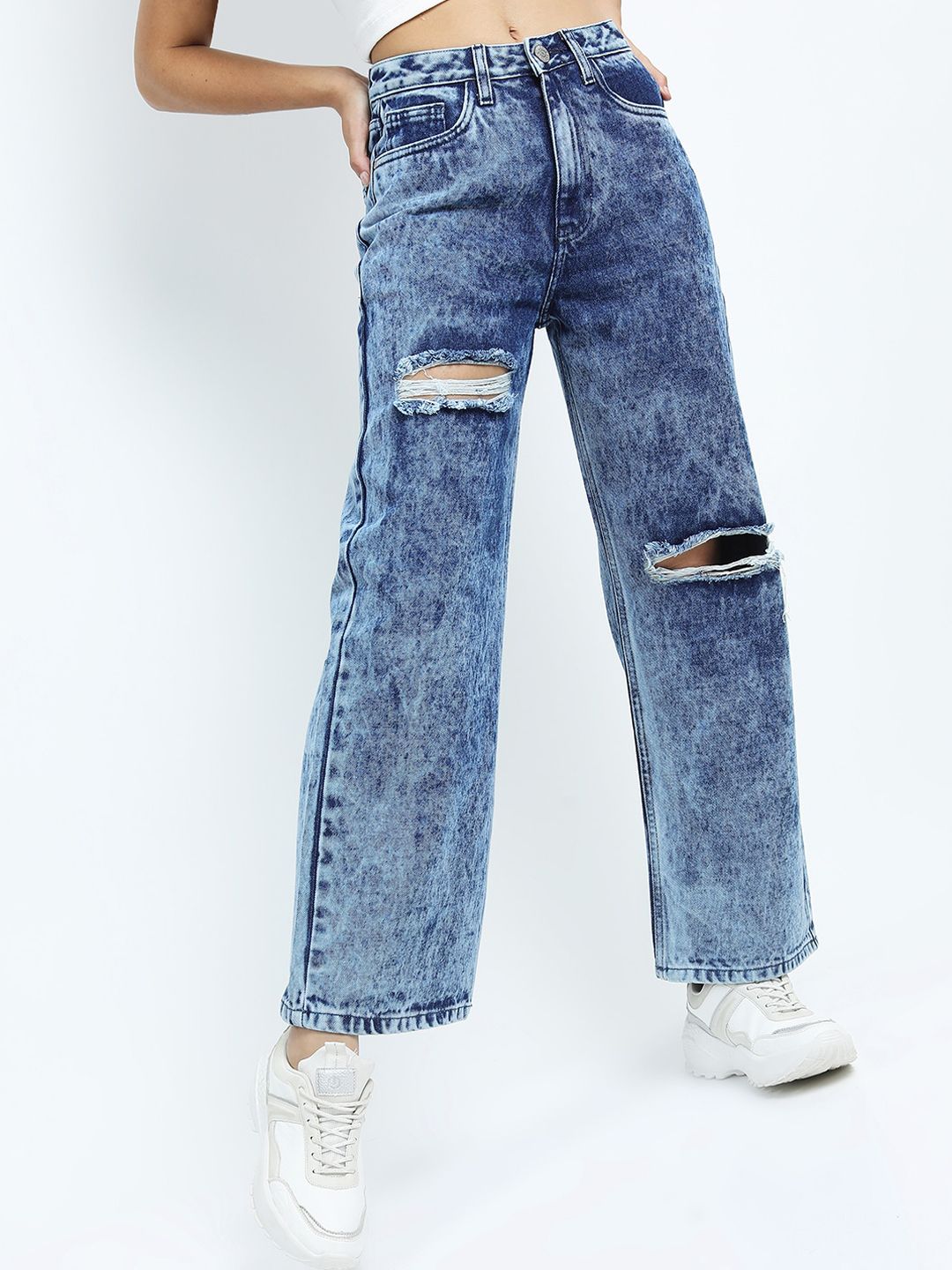 Tokyo Talkies Women Blue Flared Mildly Distressed Heavy Fade Cropped Jeans Price in India