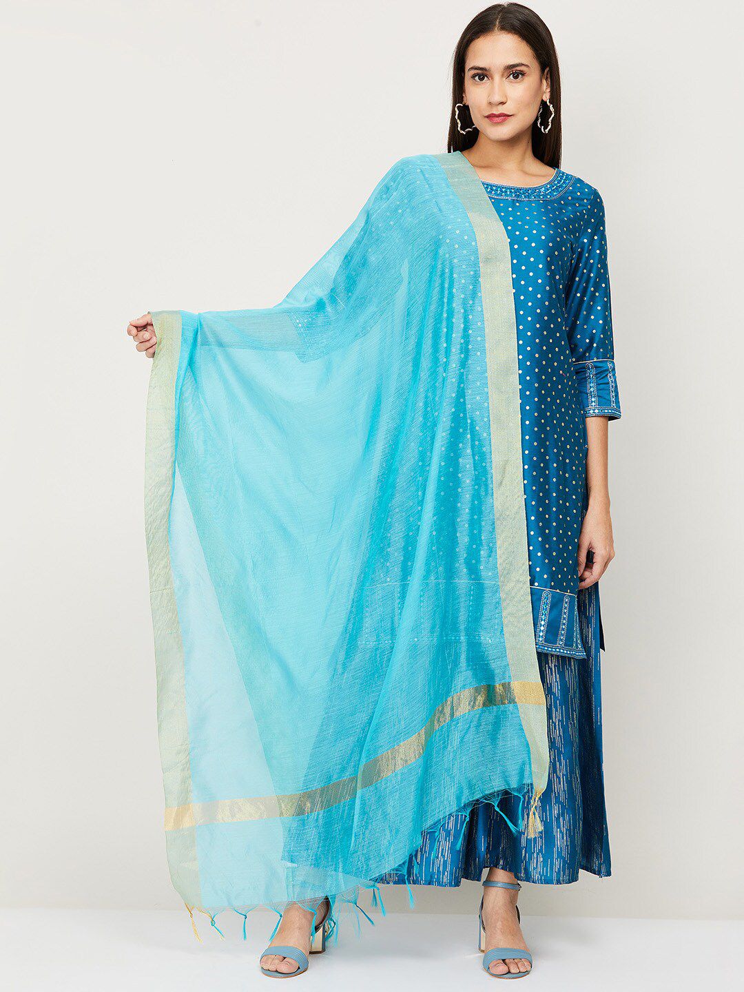 Melange by Lifestyle Blue & Gold-Toned Chanderi Dupatta Price in India