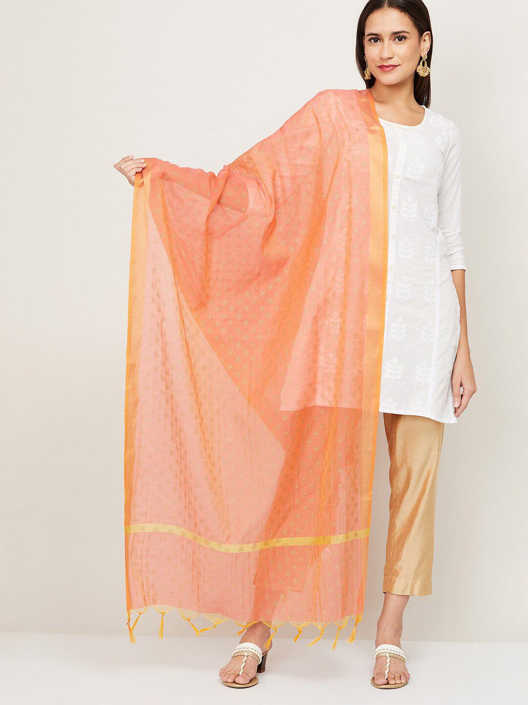 Melange by Lifestyle Coral & Gold-Toned Printed Dupatta Price in India