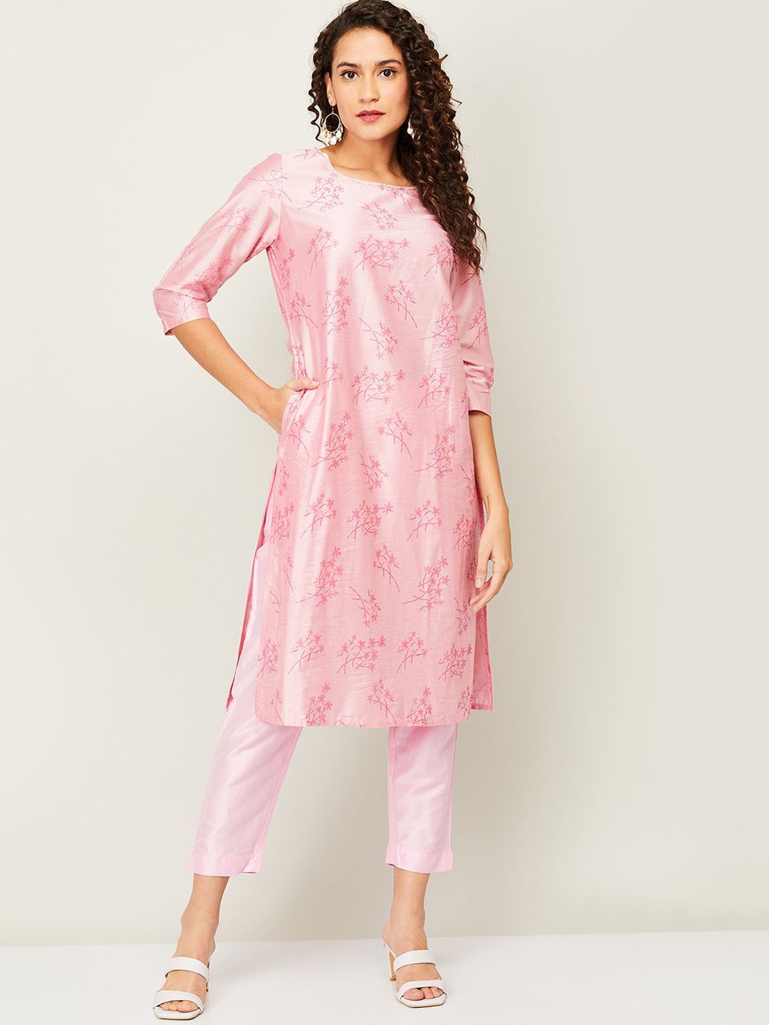 Melange by Lifestyle Women Pink Floral Embellished Winter Kurta Price in India
