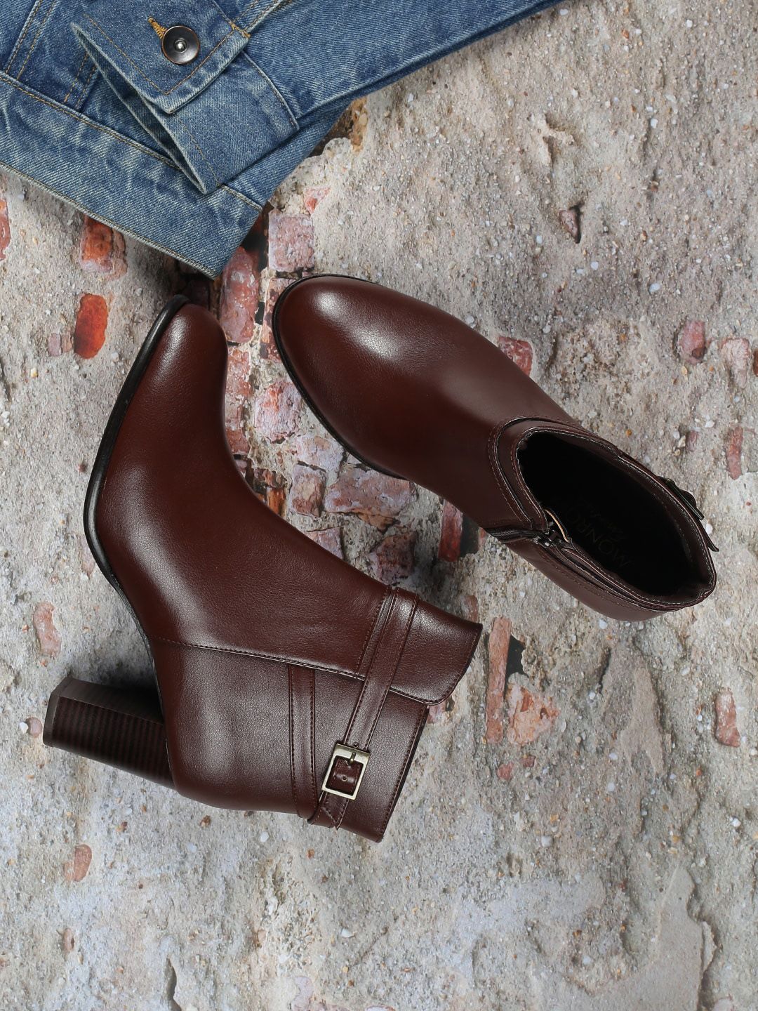 Monrow Brown PU Block Heeled Boots with Buckles Price in India