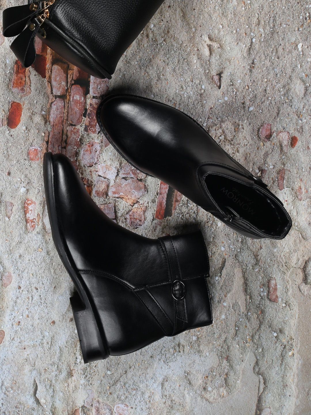 Monrow Women Black Solid PU Flat Boots Price in India