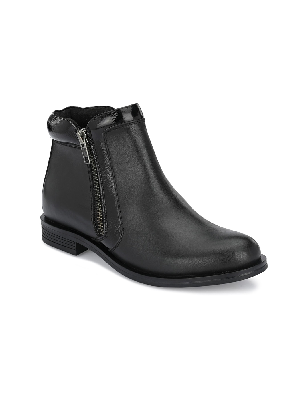 Delize Black Leather Block Heeled Boots Price in India