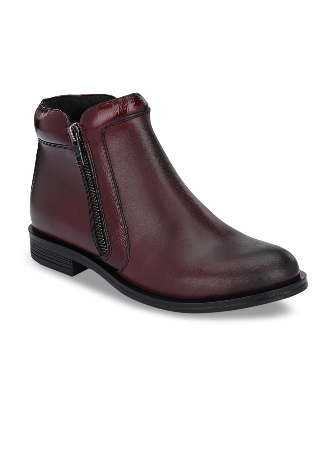 Delize Burgundy Leather Block Heeled Boots Price in India