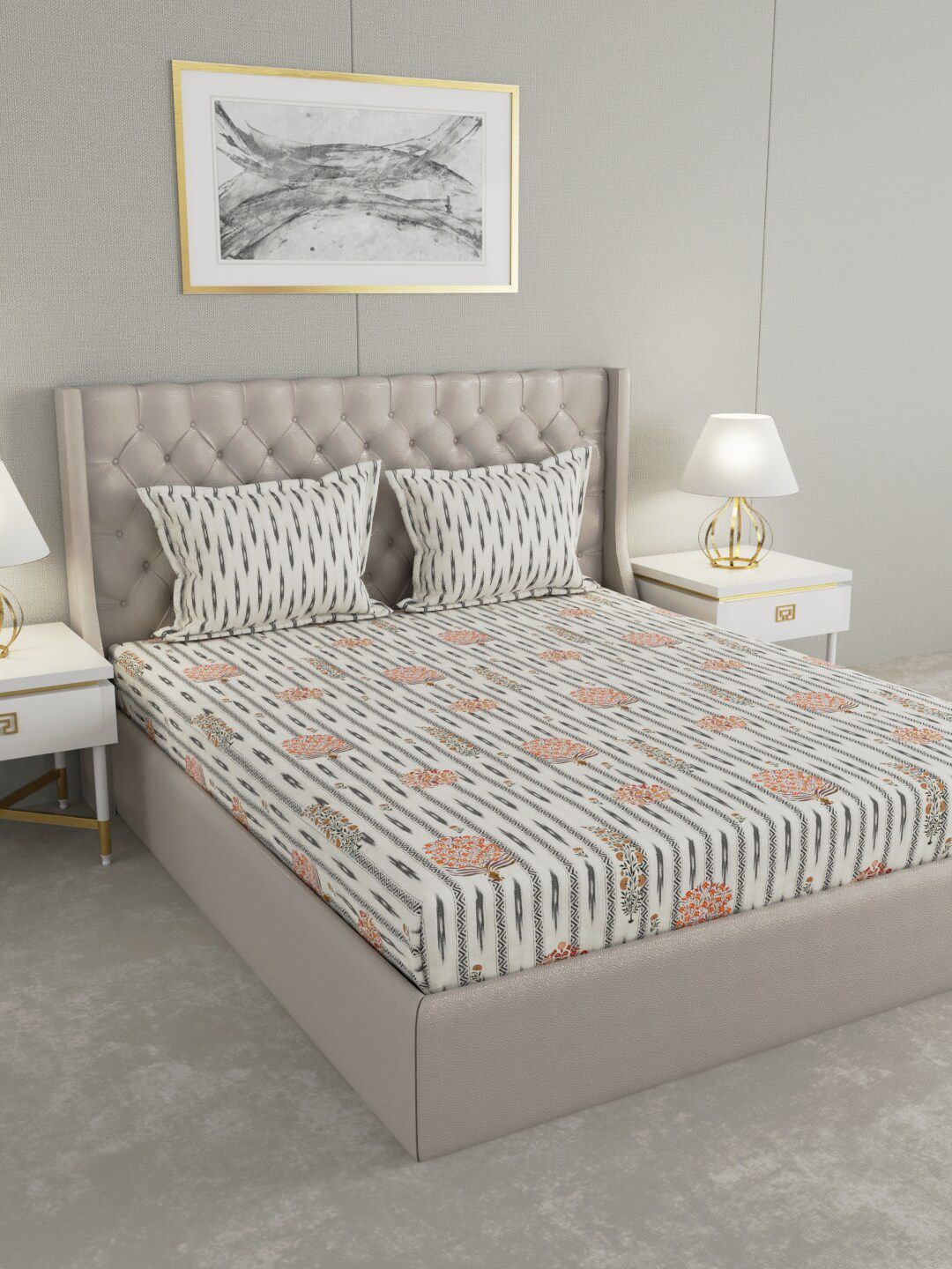 Trident White & Orange Abstract Printed 210 TC King Bedsheet with 2 Pillow Covers Price in India