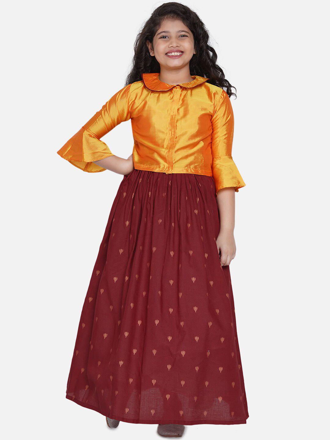 Bitiya by Bhama Girls Maroon & Mustard Printed Ready to Wear Lehenga Choli