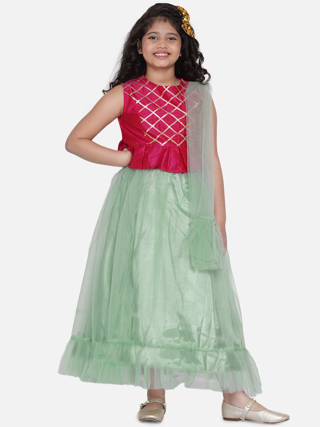 Bitiya by Bhama Girls Green & Fuchsia Embellished Ready to Wear Lehenga Choli