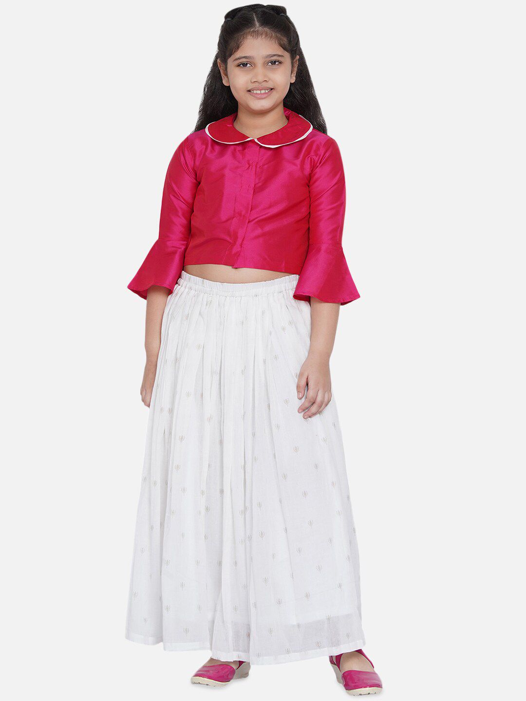 Bitiya by Bhama Girls Off White & Pink Printed Ready to Wear Lehenga Choli