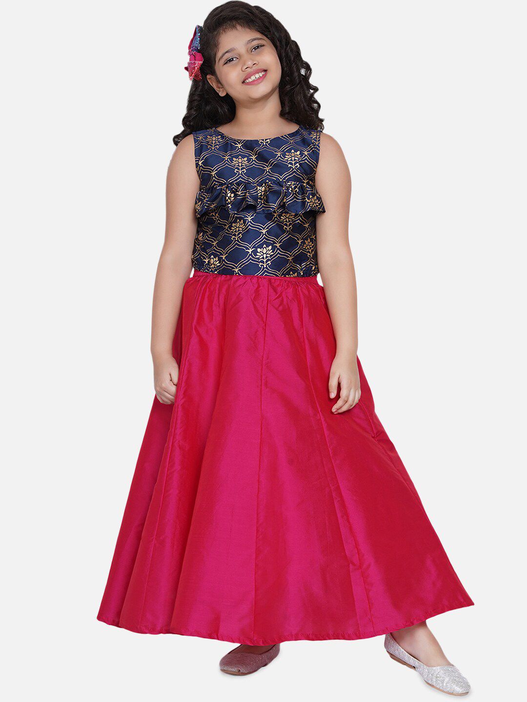 Bitiya by Bhama Girls Pink & Navy Blue Gold-Toned Ready To Wear Lehenga Choli