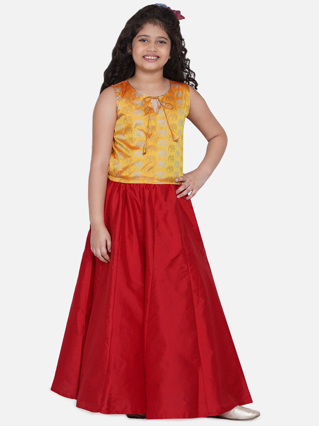 Bitiya by Bhama Girls Red & Yellow Printed Ready to Wear Lehenga Choli