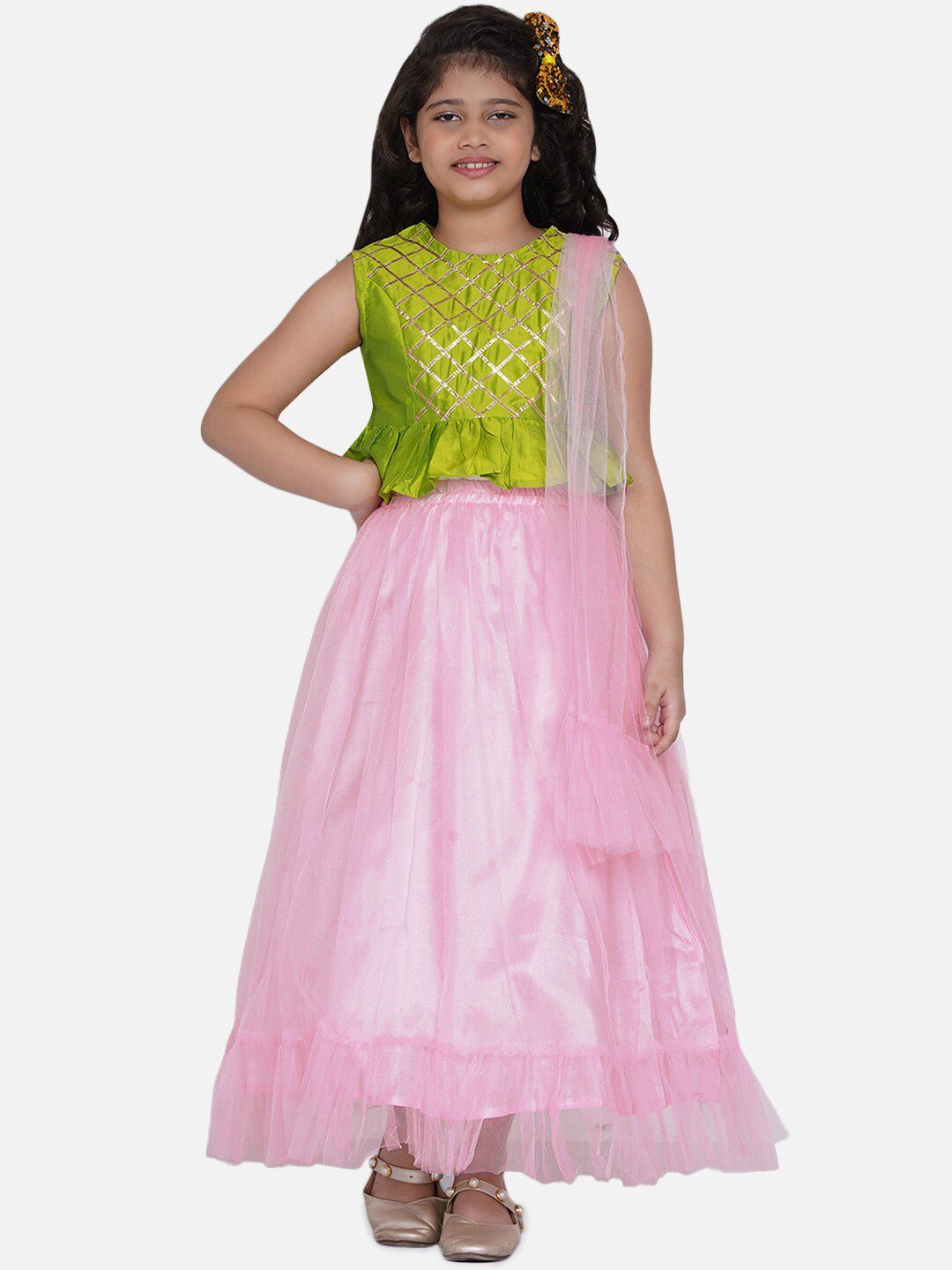 Bitiya by Bhama Girls Pink & Green Embellished Ready to Wear Lehenga Choli