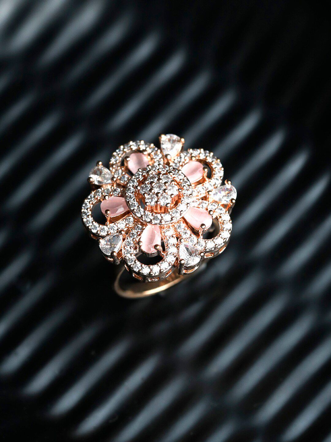 Priyaasi Rose Gold-Plated White & Pink AD-Studded Finger Ring Price in India