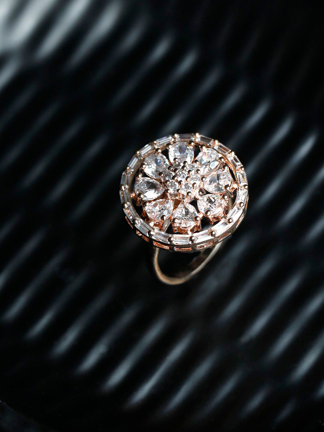 Priyaasi Rose-Gold-Plated & White AD-Studded Blooming Flower Finger Ring Price in India
