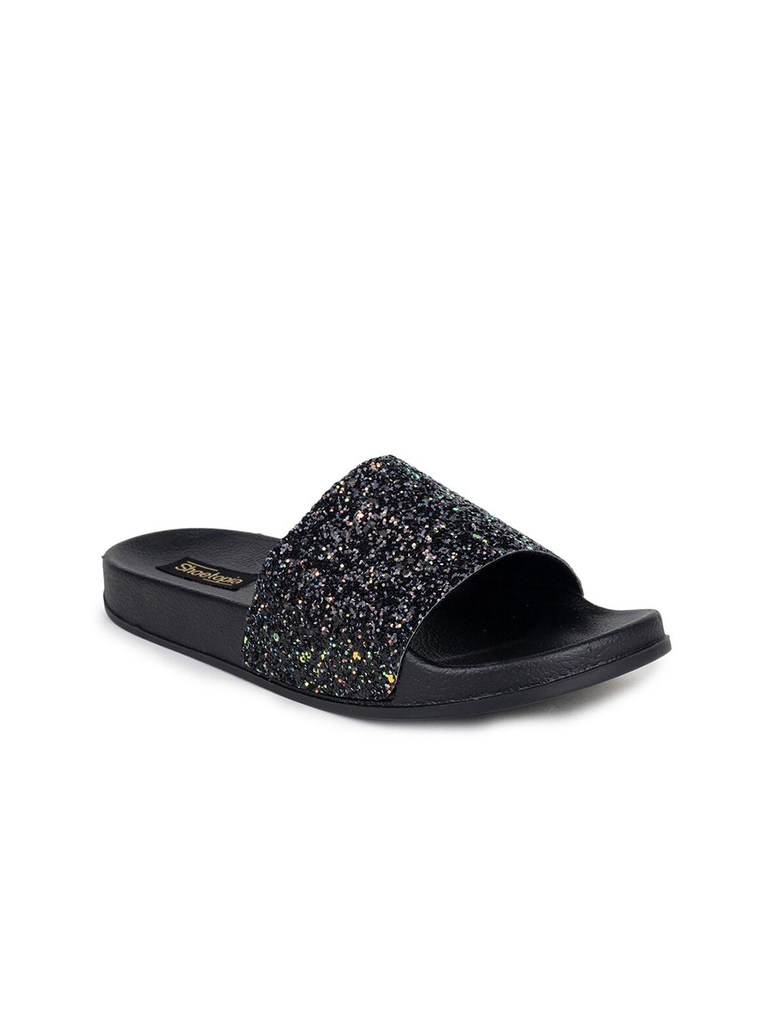 Shoetopia Women Black Embellished Rubber Sliders Price in India