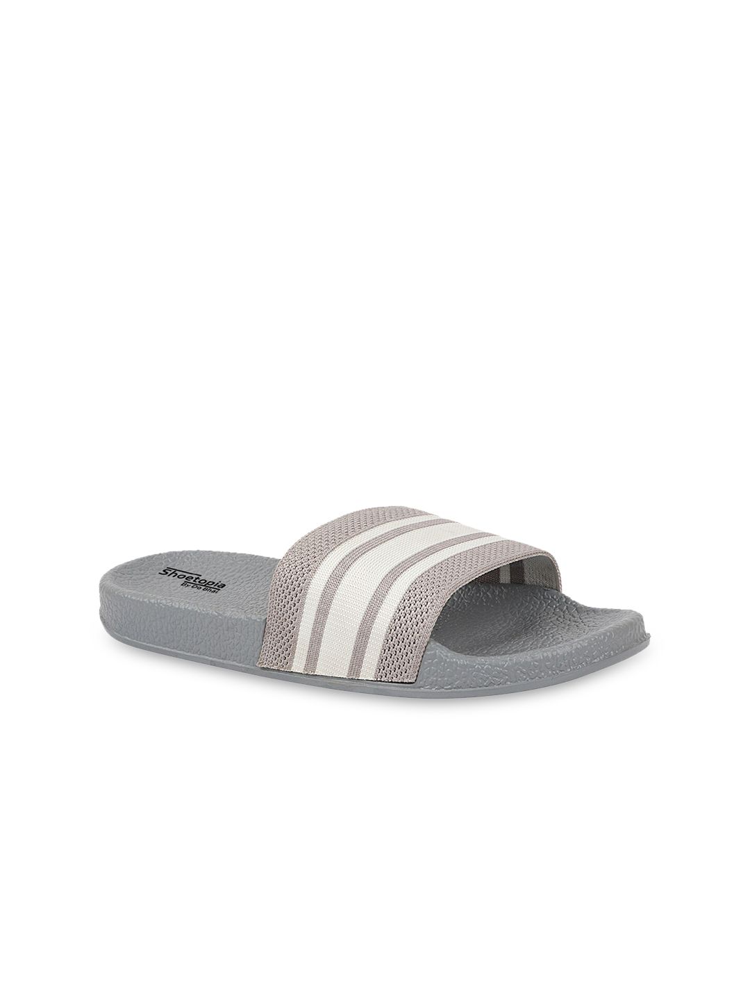 Shoetopia Women Grey & White Striped Rubber Sliders Flip Flops Price in India