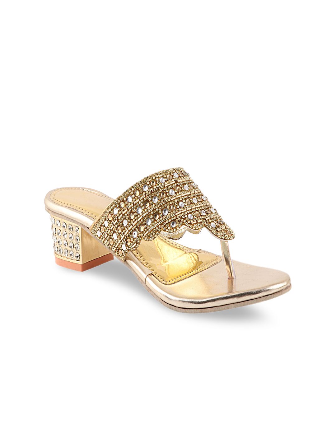 Shoetopia Gold-Toned Embellished Party Block Sandals Price in India