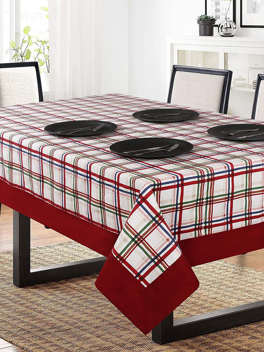 SHADES of LIFE Red & White Checked Cotton 6-Seater Table Covers Price in India