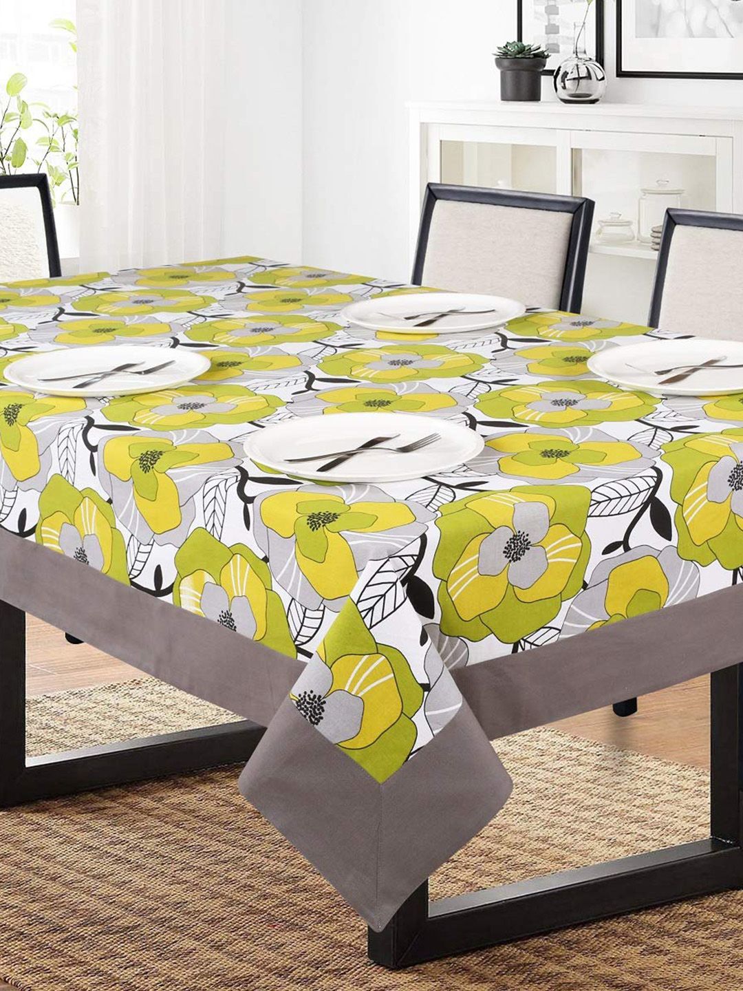 SHADES of LIFE Grey & Green Floral Rectangular Table Cover Price in India