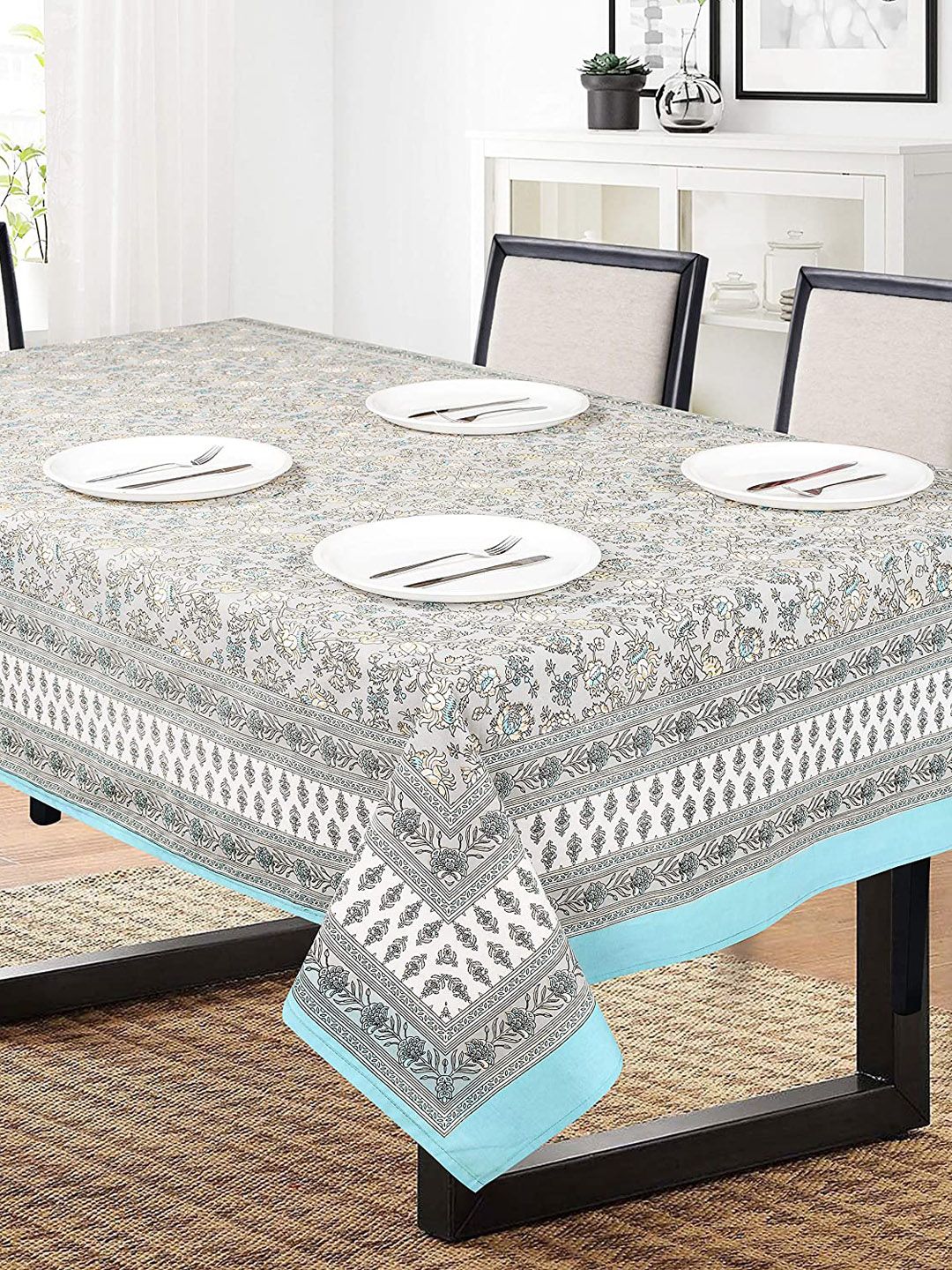 SHADES of LIFE White & Blue Handblock Printed 6-Seater Cotton Table Cover Price in India